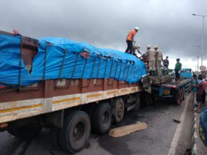 Two Trailer Accident Near Fire Station Over Bridge NH16