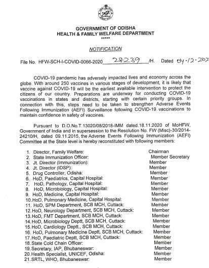 Odisha Covid-19 Vaccinations AEFI Committee Reconstituted