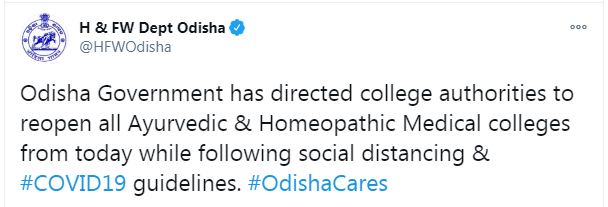 Odisha Government has directed To Reopen All Ayurvedic & Homeopathic Medical Colleges From Today