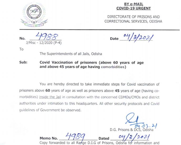 Prisoners To Receive Covid-19 Vaccination In Odisha