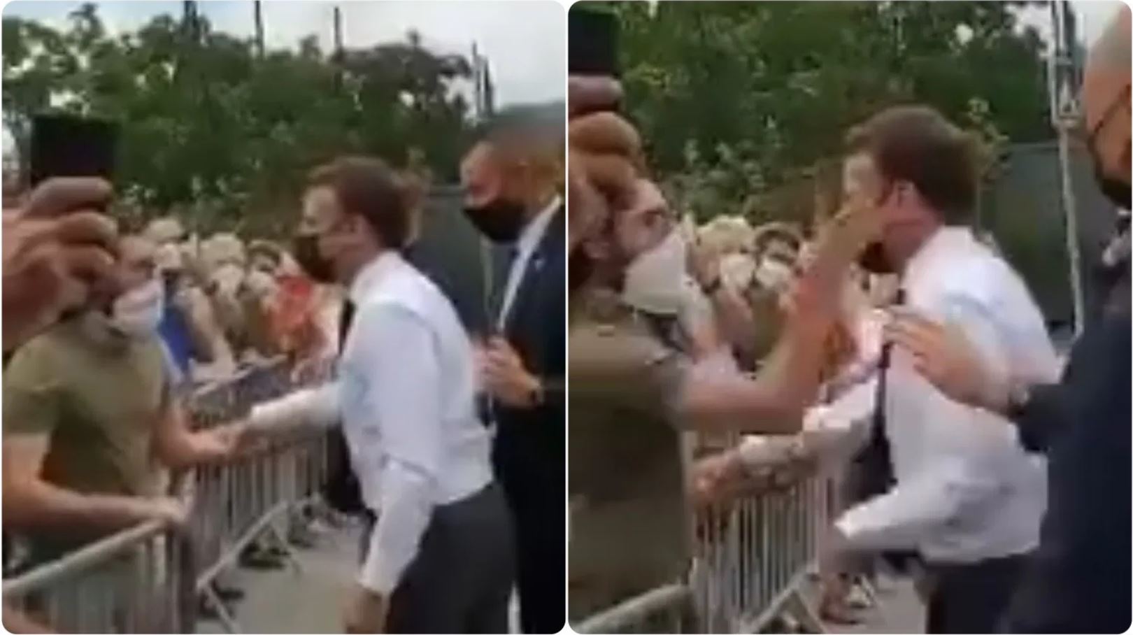 French President Emmanuel Macron was slapped across the face by a man French President Emmanuel Macron was slapped across the face by a man
