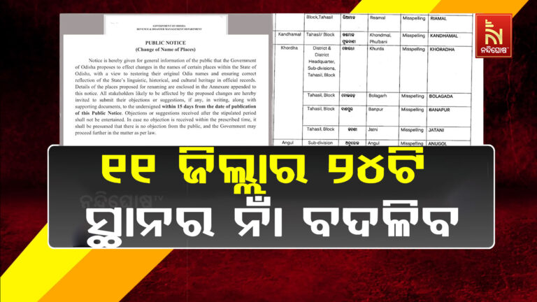 ୧୧ଟି ଜିଲ୍ଲାର ୨୪ଟି ସ୍ଥାନର ଇଂରାଜୀ ନାମରେ ସଂଶୋଧନ କରାଯିବ, ରାଜସ୍ବ ବିଭାଗ ପକ୍ଷରୁ ବିଜ୍ଞପ୍ତି