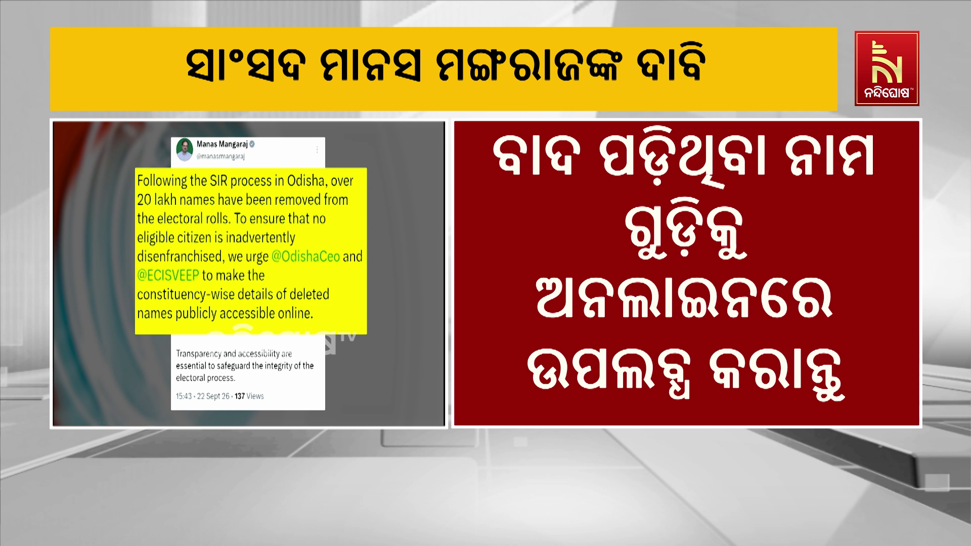 ସାଂସଦ ମାନସ ମଙ୍ଗରାଜଙ୍କ ଦାବି : ବାଦ୍ ପଡ଼ିଥିବା ନାମଗୁଡ଼ିକୁ ଅନଲାଇନରେ ଉପଲବ୍ଧ କର….